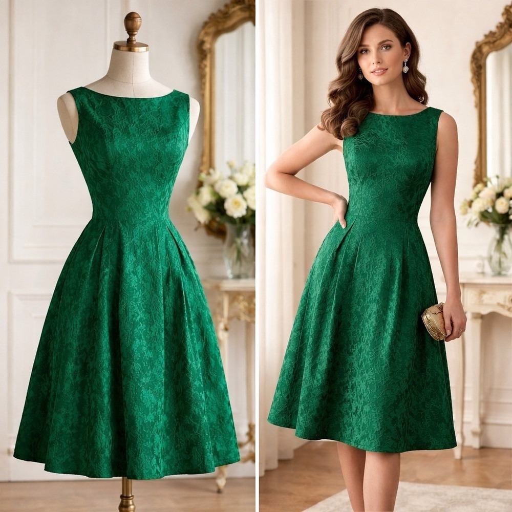 Gigi Young NY Vintage 50s 60s Green Brocade Fit Flare Cocktail Dress Jacquard